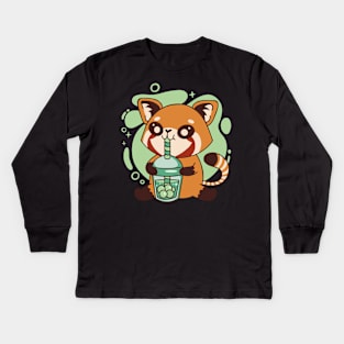 Red Panda With Bubble Tea Boba Kids Long Sleeve T-Shirt